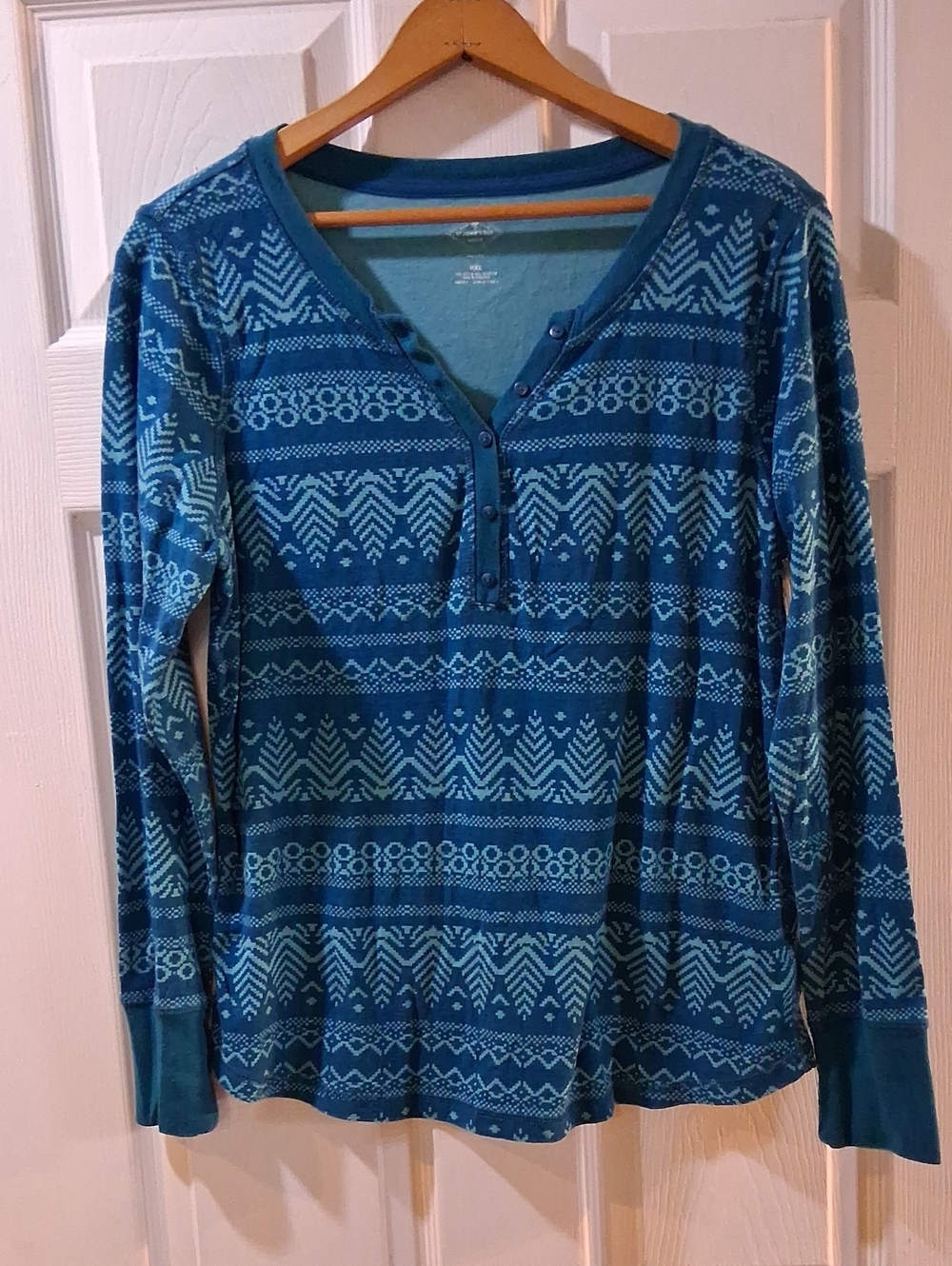 St Johns Bay Long Sleeve Blue Patterned Henley Top